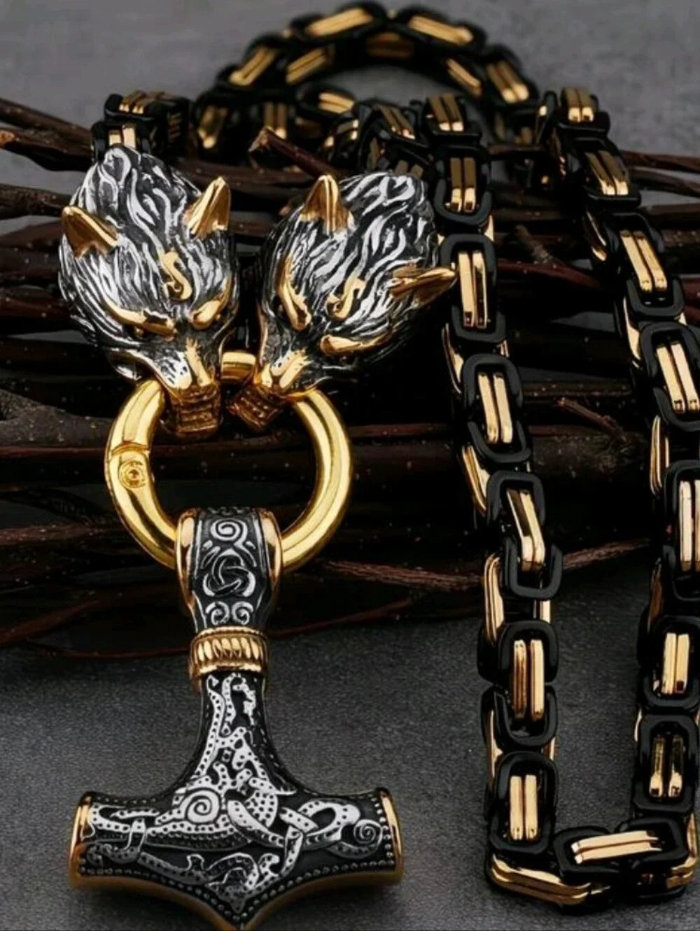 Hammer & Wolf Pendant Necklace in Black and Gold